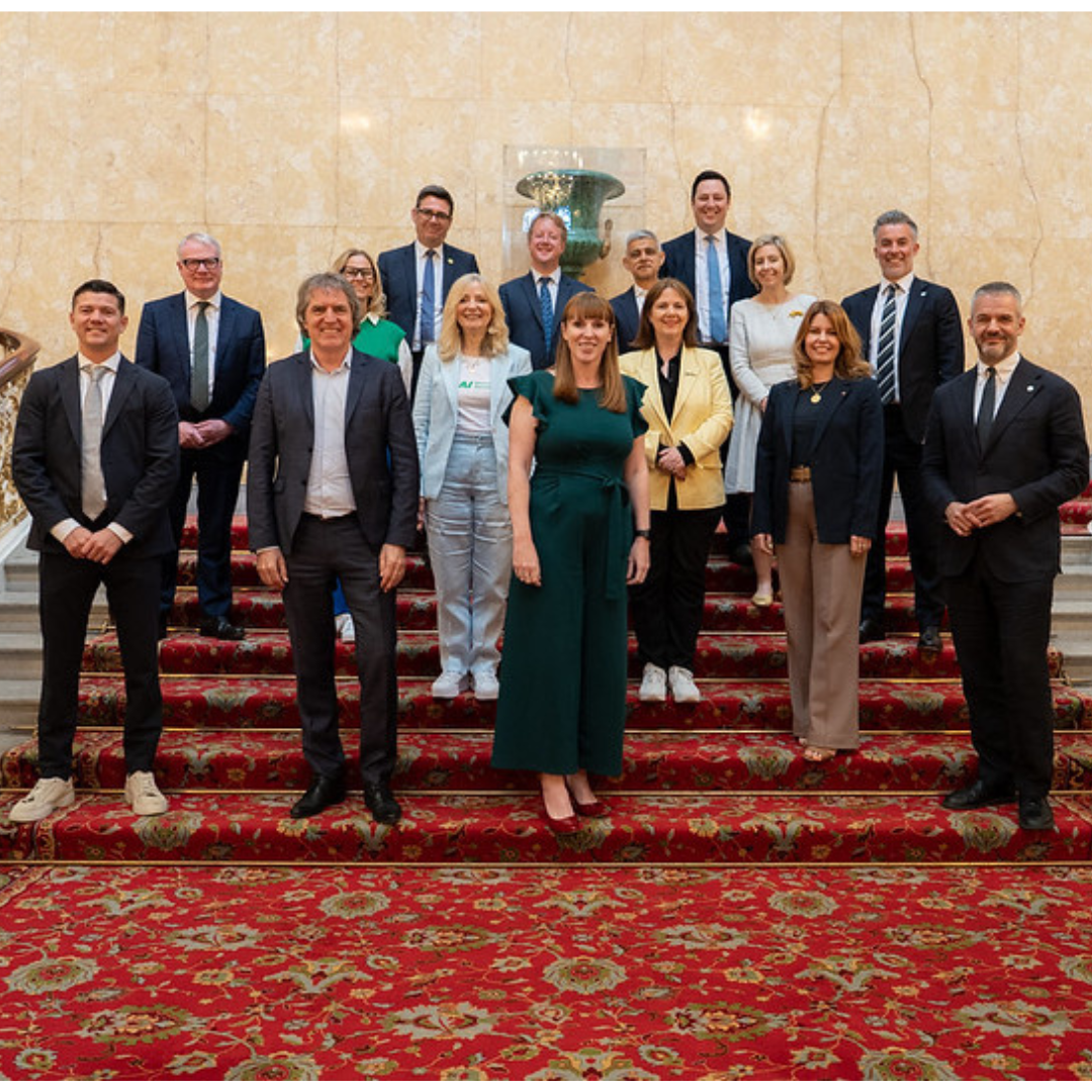 14 Mayors with Angela Rayner on the stairs at Lancaster House